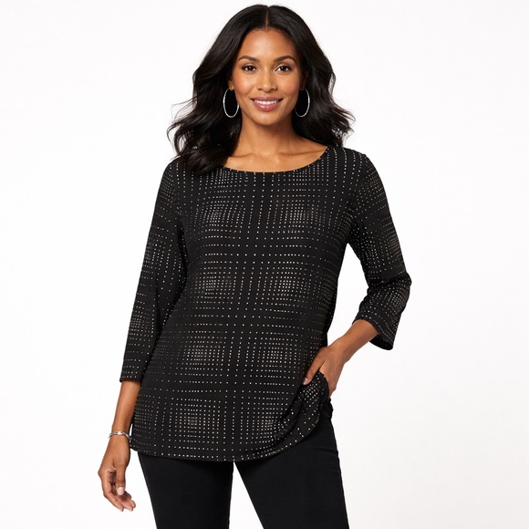Tribal Tops - Travel By Tribal Black Rhinestone Geometric 3/4 Sleeve Top XL